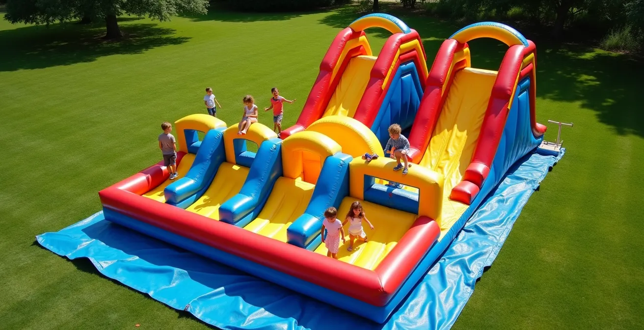 Vue aérienne d'enfants jouant de manière autonome sur un parcours gonflable coloré