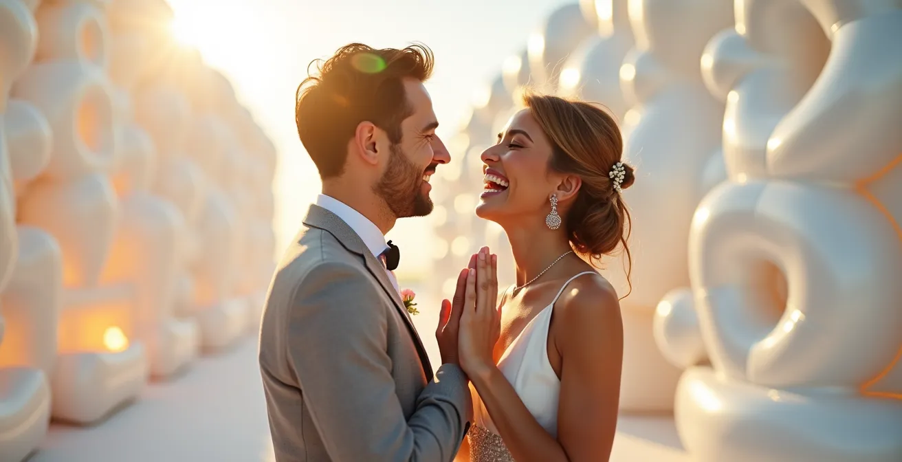 Jeunes mariés devant structure gonflable moderne aux formes géométriques