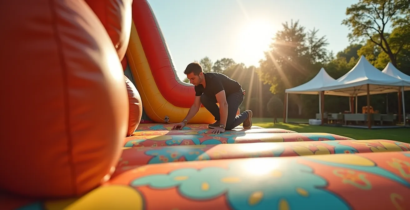 Technicien installant une structure gonflable colorée dans un jardin de réception