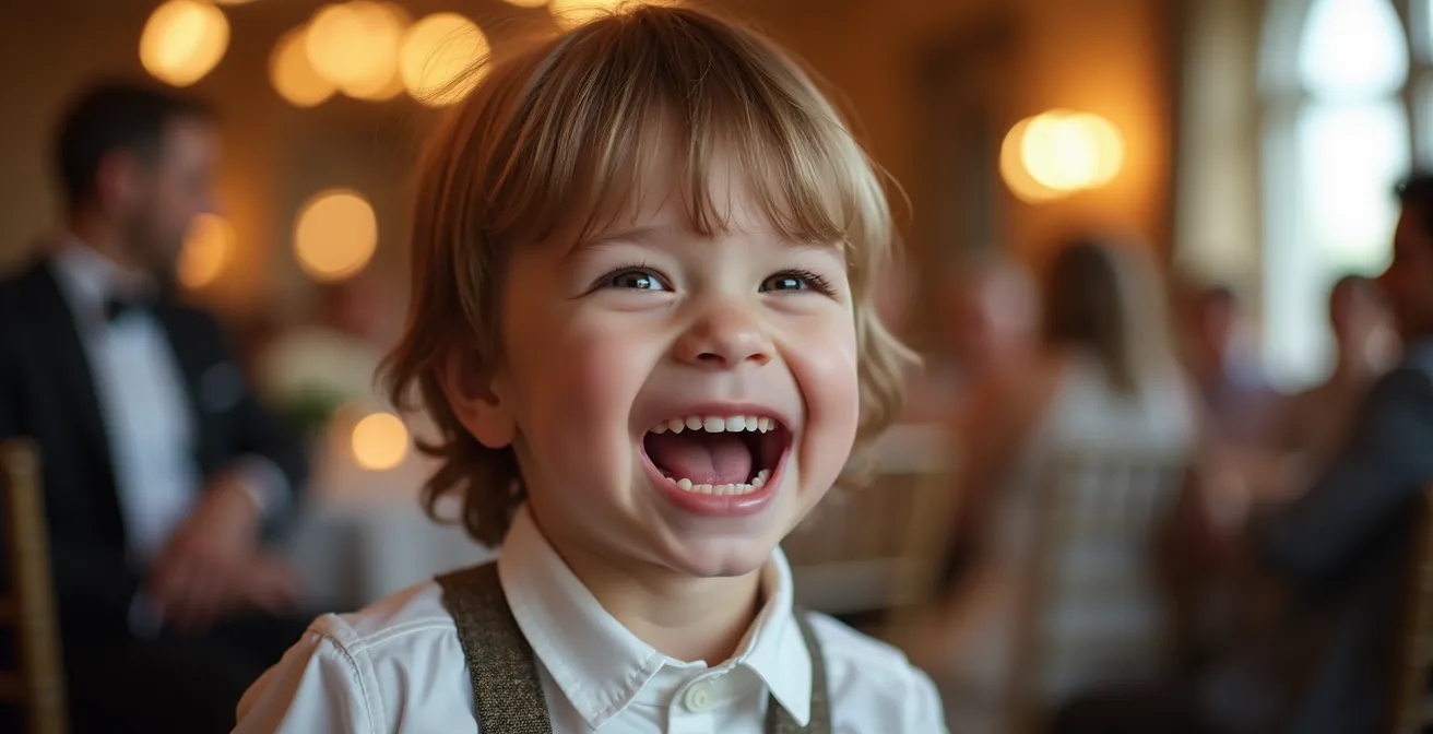 Portrait chaleureux d'un enfant riant lors d'une réception de mariage