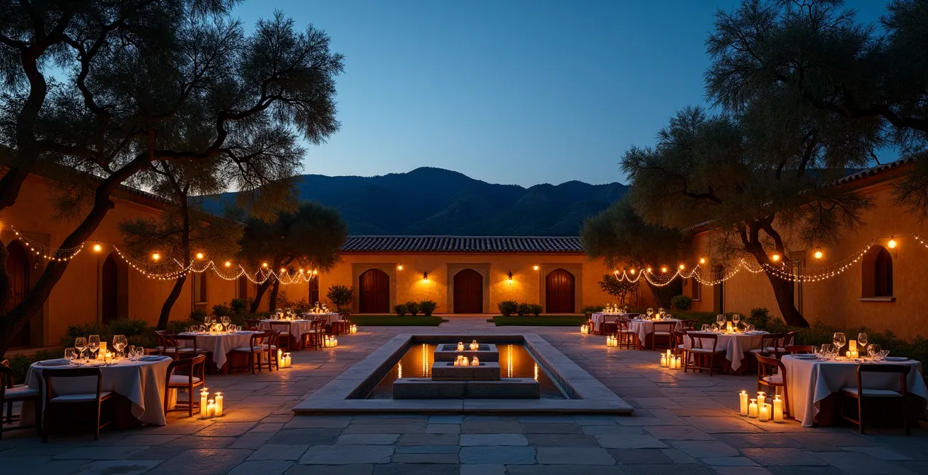 Mas provençal au crépuscule avec tables dressées sous les platanes