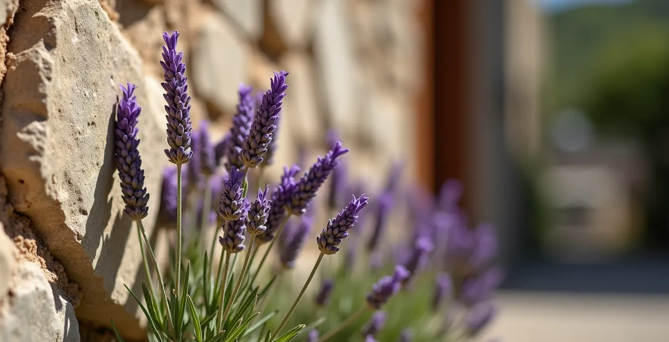 Gros plan sur les textures de pierre et de lavande d'un mas provençal