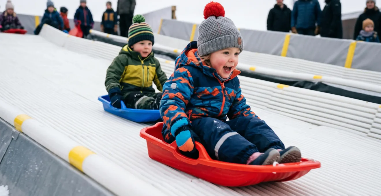Jeunes enfants descendant une piste de luge synthétique sur des luges colorées lors d'un événement hivernal