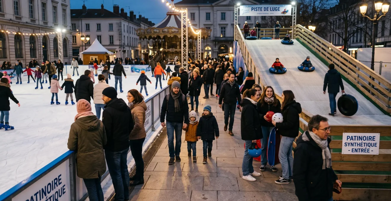 Vue au niveau du sol d'un événement hivernal montrant les visiteurs circulant entre la patinoire synthétique et la piste de luge adjacente en soirée