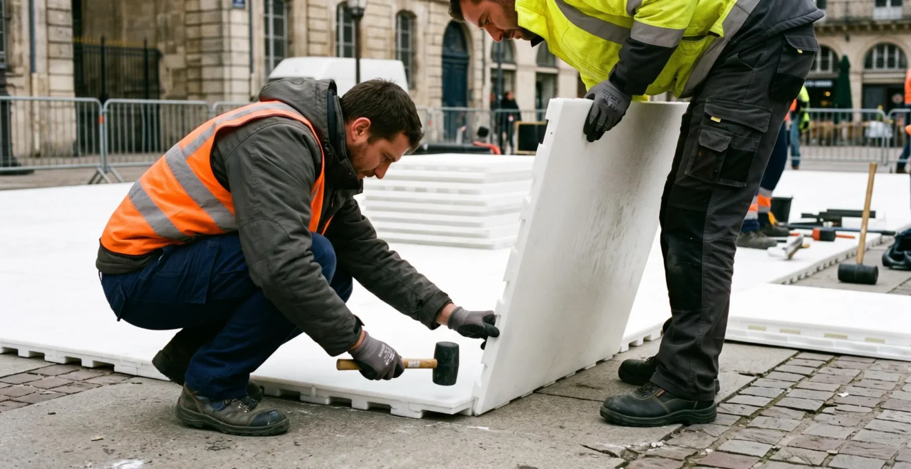 Techniciens professionnels installant des dalles de patinoire synthétique modulaire lors de la préparation d'un événement hivernal