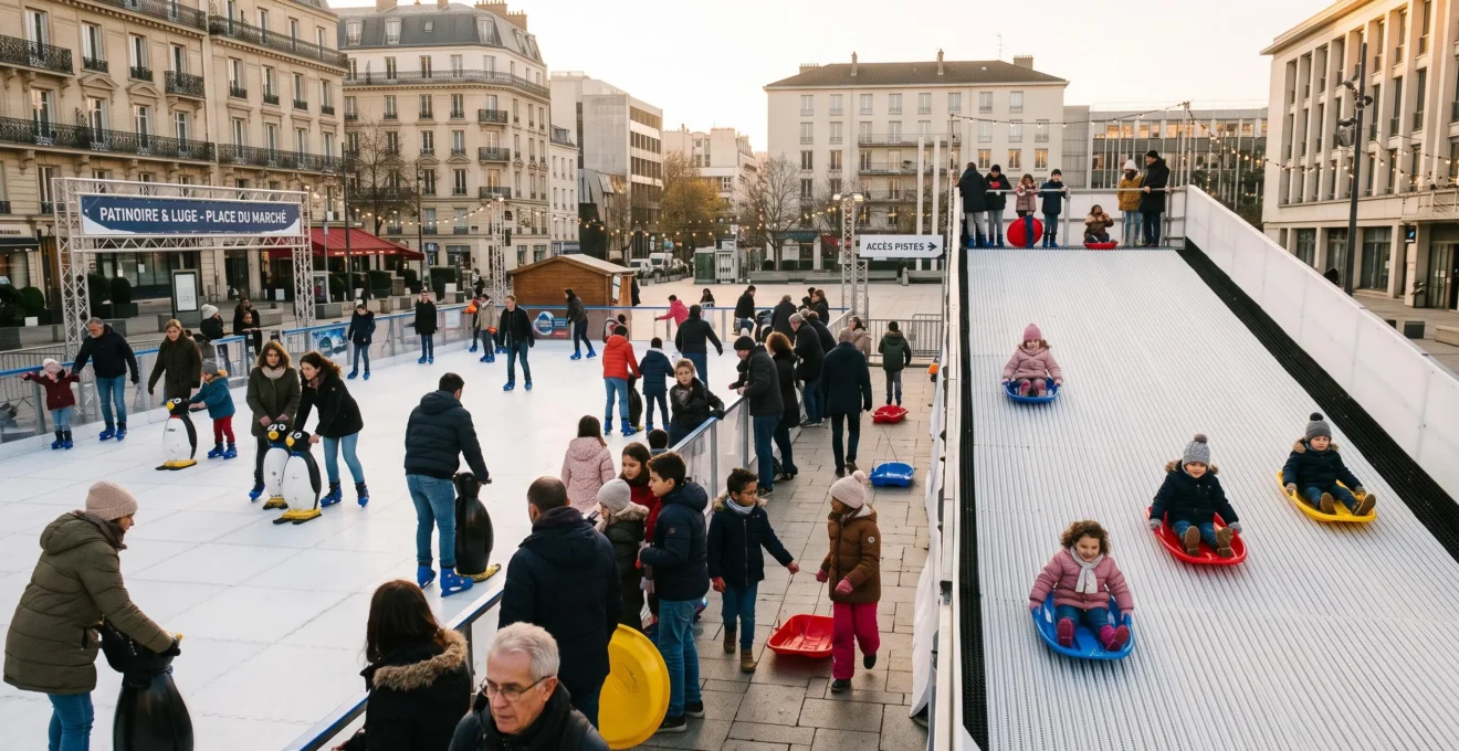 Vue d'ensemble d'un événement hivernal urbain montrant une patinoire synthétique et une piste de luge synthétique côte à côte avec de nombreux visiteurs de différents âges utilisant activement les deux installations