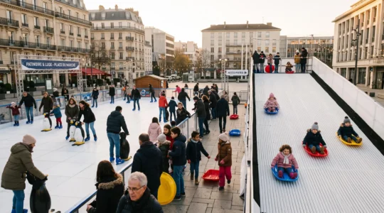 Vue d'ensemble d'un événement hivernal urbain montrant une patinoire synthétique et une piste de luge synthétique côte à côte avec de nombreux visiteurs de différents âges utilisant activement les deux installations